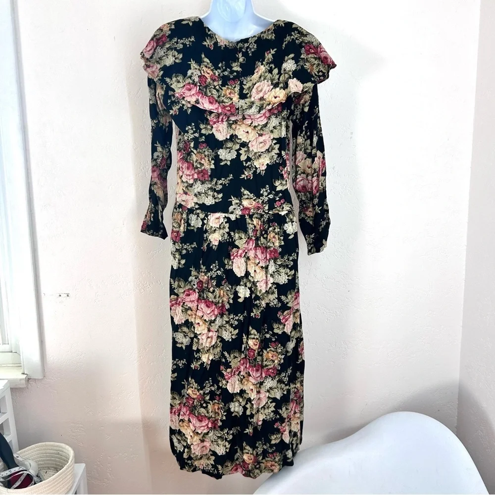 Vintage 90s Cottagecore Dark Floral Sailor Collar Midi Dress Size 7/8